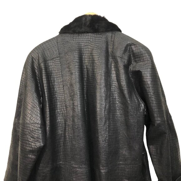 SOLD Vintage 1990s Black Leather Fur Collar Reptile Alligator Trench Coat - Picture 11 of 16